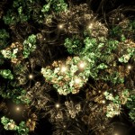 Green and gold fractal patterns resembling leaves and flowers with glowing light points on a dark background.