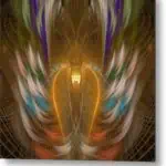 Golden symmetrical pattern with flowing lines, featuring streaks of green, purple, blue, red, and white colors.