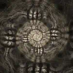 Spiral pattern with radiating lines and circular shapes, creating a symmetrical, almost hypnotic effect in muted earth tones.