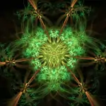 Green fractal pattern with glowing yellow center, resembling a floral shape with intricate details and radiating lines on a dark background.