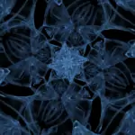 Blue geometric pattern creating a star-like shape in the center, with overlapping translucent layers on a dark background.