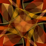 Geometric pattern with overlapping translucent shapes in shades of red, orange, brown, and gold on a black background.
