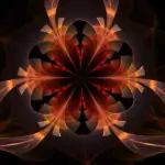 Symmetrical floral pattern with glowing orange and red petals, set against a dark background, signed B.W. Donald 2018.