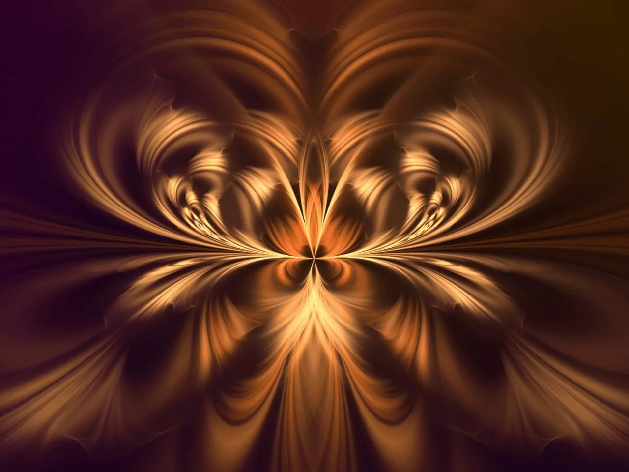 Golden and brown swirls form a symmetrical, wing-like pattern on a dark background.
