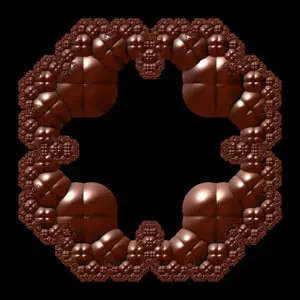 Brown, rounded, symmetrical pattern with a central void on a black background.