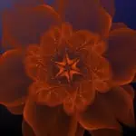 Digital art of a glowing, symmetrical orange flower with eight petals and a star-shaped center on a dark blue background.