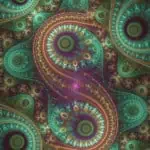 Colorful, swirling fractal pattern with teal, blue, and purple hues, featuring circular and paisley-like designs.