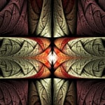 Symmetrical pattern with feather-like, swirling shapes in shades of red, green, and yellow, forming a kaleidoscopic design.