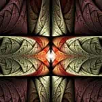 Symmetrical pattern with feather-like, swirling shapes in shades of red, green, and yellow, forming a kaleidoscopic design.