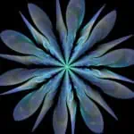 A blue and green digital flower with multiple layered petals radiating from the center on a black background.