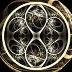 A geometric sphere with overlapping circular patterns and interwoven lines on a black background.