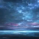A vibrant, otherworldly night sky with swirling blue, purple, and pink clouds reflecting on a calm, reflective ocean surface.
