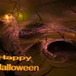 Dark Halloween-themed design with orange text "Happy Halloween" on a swirling background of browns, blacks, and purples.