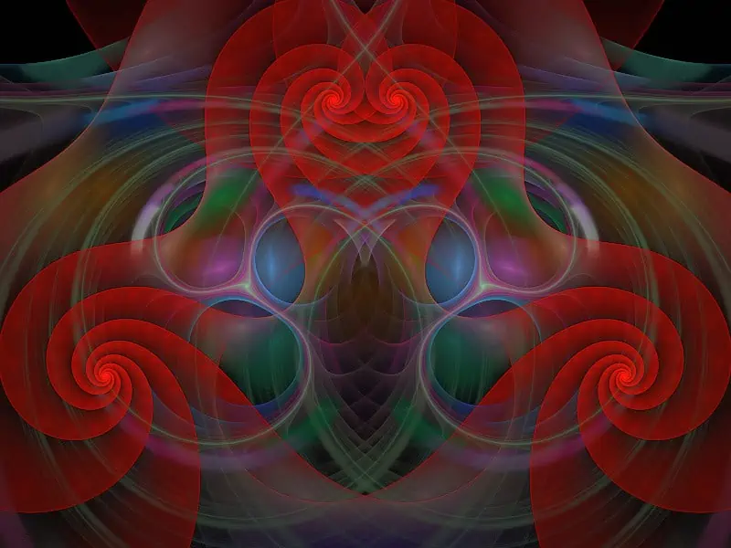 Vibrant digital artwork with swirling red patterns and overlapping blue, green, and purple shapes forming a symmetrical design.