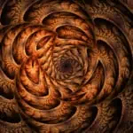 A swirling pattern of brown and orange hues with textured, spiral designs resembling feathered leaves.