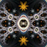 Symmetrical pattern with flowers, star shapes, and ornate designs combining bold yellow, red, blue, and white elements on a dark background.