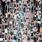 A digital artwork featuring overlapping rectangular patterns in various shades of blue, pink, and beige on a black background.