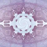 Purple and white geometric pattern with a swirling center, featuring symmetrical shapes and intricate designs.
