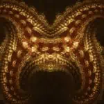 Golden, intricate fractal design on a dark background, resembling a butterfly with luminous and curving patterns.