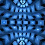 Geometric pattern with blue, concentric squares creating a tunnel effect against a black background.