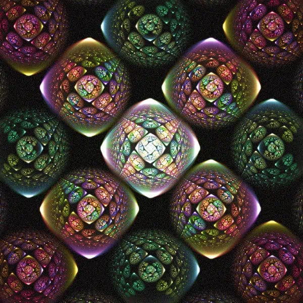 Colorful, glowing geometric patterns arranged in a grid, with intricate designs inside spherical shapes, creating a kaleidoscopic effect.