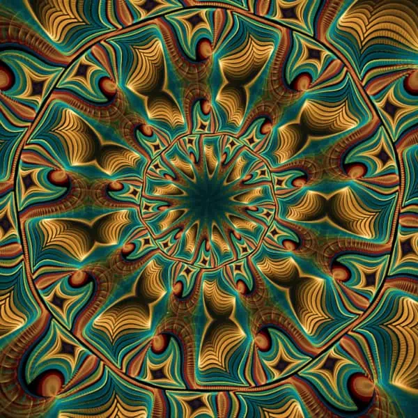 A symmetrical, kaleidoscopic pattern with golden, teal, and red hues, radiating from a central point, creating an intricate mandala.