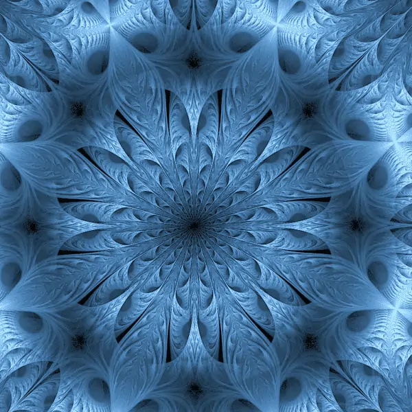 Intricate blue fractal pattern with radiating, leafy shapes creating a symmetrical design.