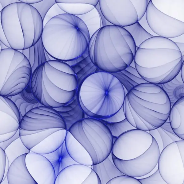 Translucent blue spheres overlapping and creating layers and patterns on a white background.