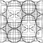 Black and white grid pattern with interlocking spheres displaying geometric cross-like and rectangular designs.