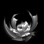 Abstract black and white digital art resembling a lotus flower with smooth curved lines and a reflective effect on a black background.