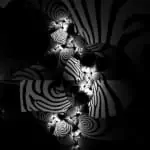 Black and white spiral patterns with bright highlights form an intricate, swirling design on a dark background.