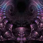 Pattern of intricate, multicolored fractal shapes forming spirals on a dark background, resembling a tunnel effect.