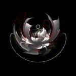 Abstract digital art featuring symmetrical, flowing shapes in white and red on a black background, resembling a blossoming flower.