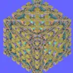Cube-shaped pattern with intricate, colorful designs in yellow, green, blue, and purple on a bright blue background.