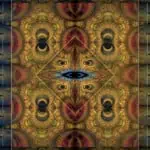 Intricate kaleidoscopic pattern with symmetrical designs in gold, red, and blue hues, resembling waves and concentric circles.