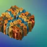 Colorful intricate 3D geometric shape with interlocking patterns on a gradient green-blue background.