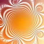 Abstract swirling orange and white fractal pattern with intricate, lace-like edges and a gradient background.