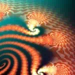 Intricate red and orange spiral patterns intertwine against a teal and maroon gradient background.