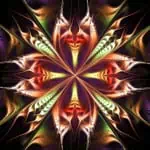 Colorful symmetrical pattern with bright reds, greens, and purples, resembling a starburst or floral design, on a dark background.