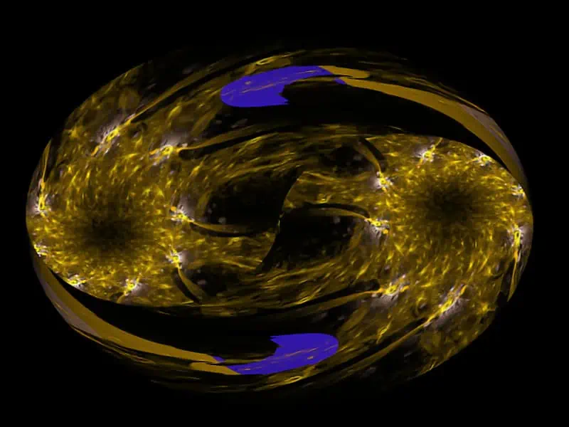 A swirling pattern of yellow and purple light streaks against a black background, creating a dynamic, luminous effect.